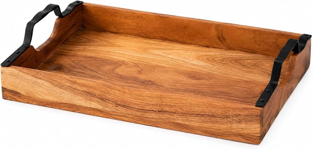 Pramora Living Mango Wood Serving Tray with Black Finish Handle, Size 14x10 Inch