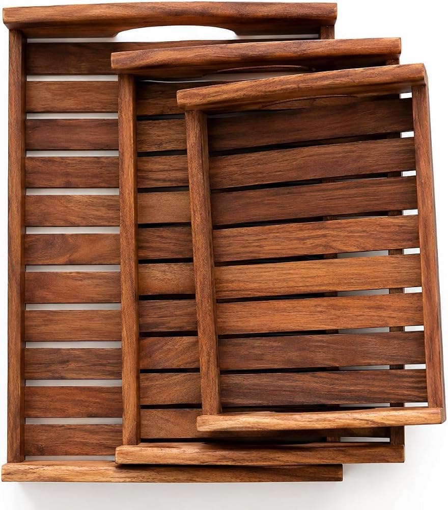 Pramoras Living Sheesham Wooden Serving Tray Handcrafted Rectangular Platter Set of 3
